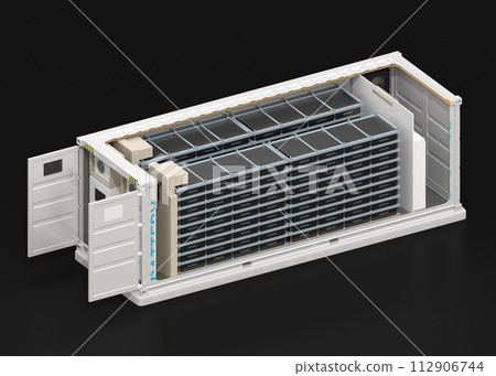 黑色背景上容器式儲能係統的等距橫斷面圖。儲能係統概念 黑色背景上容器式儲能係統的等距橫斷面圖。儲能係統概念 112906744