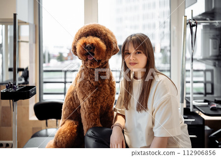 The photo depicts a young woman playing with her large red-haired dog at a grooming salon. The photo depicts a young woman playing with her large red-haired dog at a grooming salon. 112906856