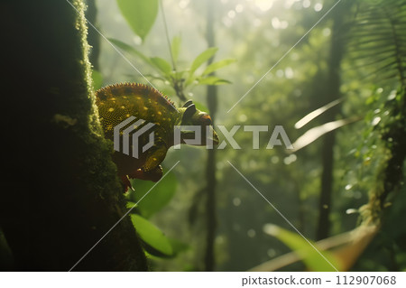 AI-generated content. Beautiful of chameleon panther, chameleon panther on branch. Neural network AI generated art 112907068