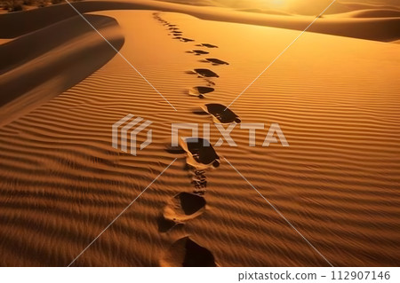 AI-generated content. human footprints in the desert. Neural network AI generated art 112907146