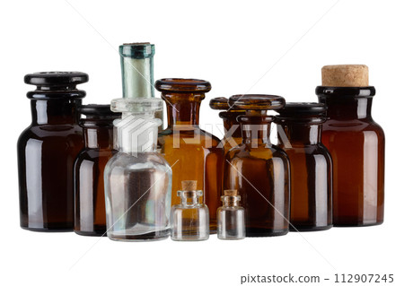 Retro vintage apothecary glass bottles 112907245