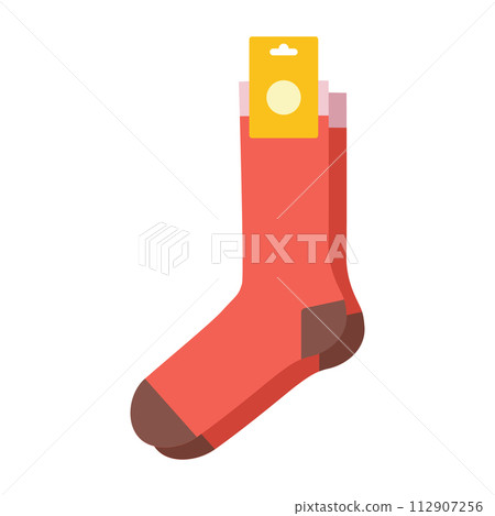 Red socks with logo tag hosiery crew length. Fashion accessory clothing technical illustration stocking. Vector, side 112907256