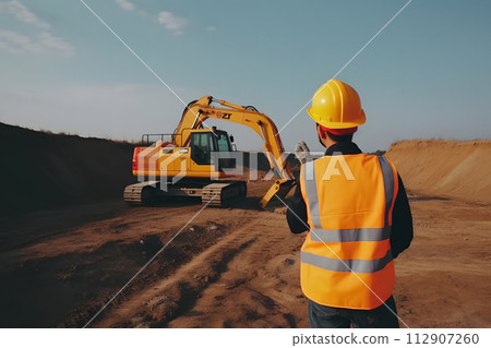 AI-generated content. Construction engineer supervising work at building site. Neural network AI generated art 112907260