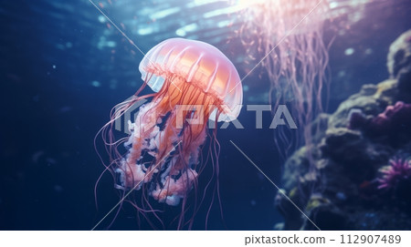 AI-generated content. Jellyfish floating in the sea. Neural network AI generated art 112907489