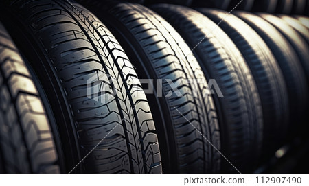 AI-generated content. close-up new tires in the auto repair service center. Neural network AI generated art 112907490