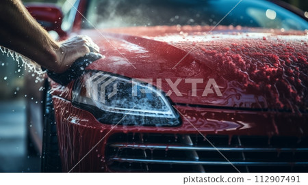 AI-generated content. Manual car wash with pressurized water in car wash outside. Neural network AI generated art 112907491