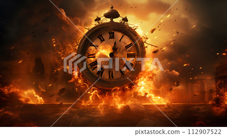 AI-generated content. The clock is on fire. Deadline concept. Neural network AI generated art 112907522