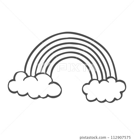 black outline of A rainbow arcs across , with puffy clouds 112907575