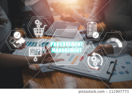 Procurement management concept, Business team analyzing income charts and graphs on office desk with procurement management icon on virtual screen. 112907773