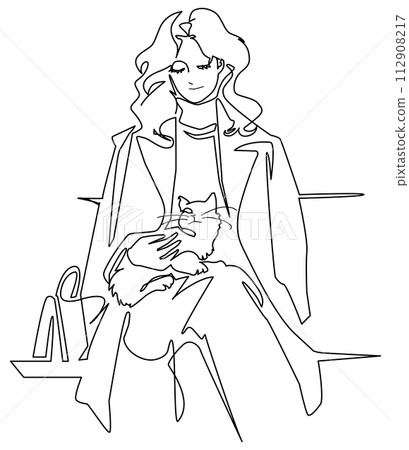 One stroke style cat and woman 112908217