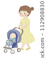 寶寶和媽媽推著嬰兒車散步 112908830
