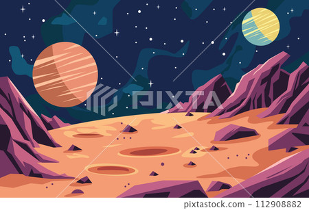 Flat Design of Beautiful Landscape in Planet Surface with Rock Stone in Outer Space Flat Design of Beautiful Landscape in Planet Surface with Rock Stone in Outer Space 112908882