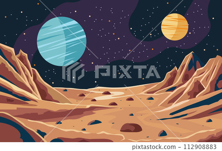 Flat Design of Beautiful Landscape in Planet Surface with Rock Stone in Outer Space Flat Design of Beautiful Landscape in Planet Surface with Rock Stone in Outer Space 112908883