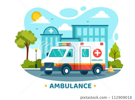 Medical Vehicle Ambulance Car or Emergency Service Vector Illustration for Pick Up Patient the Injured in an Accident in Flat Cartoon Background 112909018
