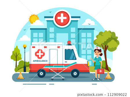 Medical Vehicle Ambulance Car or Emergency Service Vector Illustration for Pick Up Patient the Injured in an Accident in Flat Cartoon Background Medical Vehicle Ambulance Car or Emergency Service Vector Illustration for Pick Up Patient the Injured in an Accident in Flat Cartoon Background 112909022