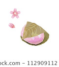 Illustration set of sakuramochi and cherry blossoms drawn with a soft touch in a watercolor style 112909112