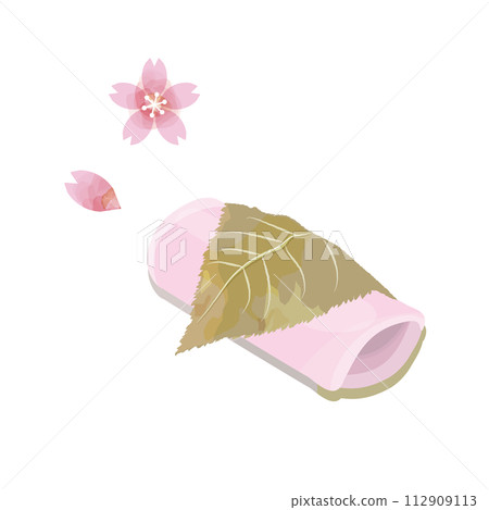 Illustration set of sakuramochi and cherry blossoms drawn with a soft touch in a watercolor style 112909113
