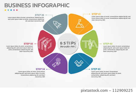 Visual data presentation. Cycle diagram with 6 options. Pie Chart Circle infographic template with 6 steps, options, parts, segments. Business concept. Marketing infographic vector illustration. Visual data presentation. Cycle diagram with 6 options. Pie Chart Circle infographic template with 6 steps, options, parts, segments. Business concept. Marketing infographic vector illustration. 112909225