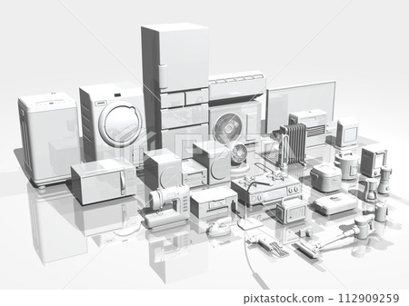 Home appliances, electrical appliances, electrical appliances, many, multiple, monochrome, black and white, diagonal angle (3DCG image) Home appliances, electrical appliances, electrical appliances, many, multiple, monochrome, black and white, diagonal angle (3DCG image) 112909259