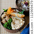 Fried horse mackerel and chicken fillet tartar bento 112909479