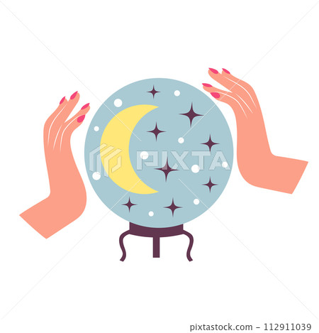 Female hands and crystal magic ball of prediction. Magic ritual and ezoteric concept. Cartoon flat illustration. Female hands and crystal magic ball of prediction. Magic ritual and ezoteric concept. Cartoon flat illustration. 112911039