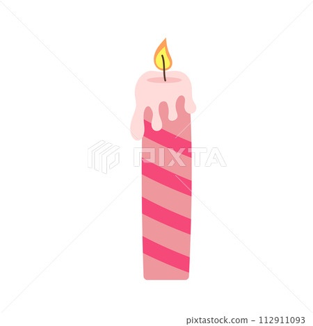 Cute burning stipped candle with wax. Cartoon flat vector illustration. Cute burning stipped candle with wax. Cartoon flat vector illustration. 112911093