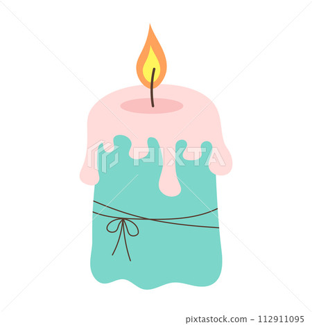 Cute burning candle with wax and bow. Cartoon flat vector illustration. Cute burning candle with wax and bow. Cartoon flat vector illustration. 112911095