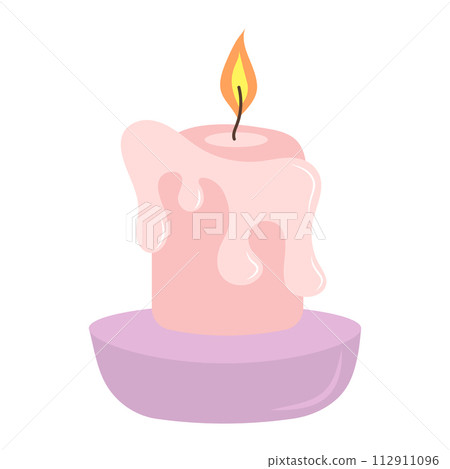 Cute burning candle with wax in a bowl. Cartoon flat vector illustration. Cute burning candle with wax in a bowl. Cartoon flat vector illustration. 112911096