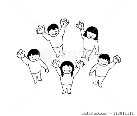 Line drawing illustration of children waving upwards, black and white Line drawing illustration of children waving upwards, black and white 112911111