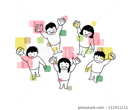 Colored line drawing illustration of children waving upward Colored line drawing illustration of children waving upward 112911112