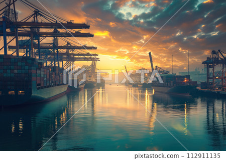 AI-generated content. When container cargo ship arrives at terminal dock vessel port, it is unloaded AI Generative 112911135