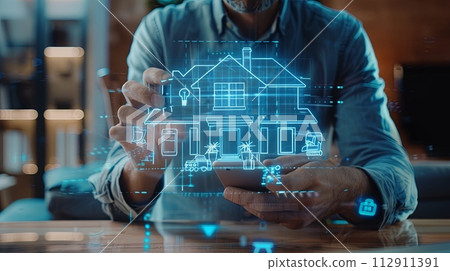 smartphone with digital hologram of smart home system and real estate icons, closeup view smartphone with digital hologram of smart home system and real estate icons, closeup view 112911391