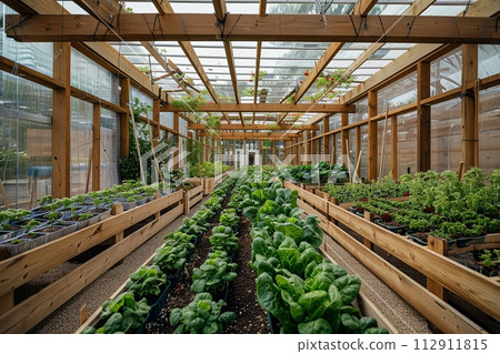 indoor vegetable garden in the greenhouse, growing tomatoes and lettuce indoor vegetable garden in the greenhouse, growing tomatoes and lettuce 112911815