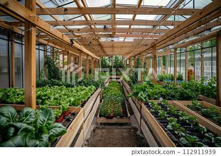 indoor vegetable garden in the greenhouse, growing tomatoes and lettuce 112911939