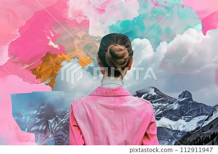 Collage of mountains and clouds, a woman looking through the collage in the style of pink jacket with white turtleneck shirt Collage of mountains and clouds, a woman looking through the collage in the style of pink jacket with white turtleneck shirt 112911947