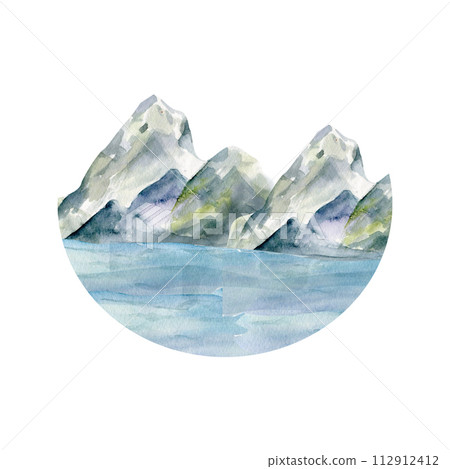 Watercolor hand drawn outdoor landscape with fjord mountains, north sea template for trip, travelling agency design 112912412