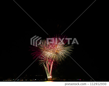 Fireworks Night Sky Abstract Black Background Light Travel Party Fire Happy New Year Celebration Red Orange Color Card Mockup Holidays Effect Light Bright River Sea Scene, Festival Pattaya Thainland. 112912930
