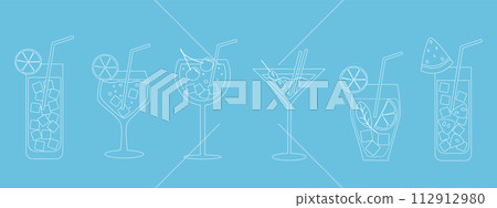 A set of cocktails and drinks in different glasses according to the menu. Alcoholic drinks. Vector illustration. A set of cocktails and drinks in different glasses according to the menu. Alcoholic drinks. Vector illustration. 112912980