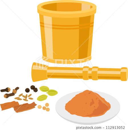 Brass grinder and ground spices 112913052