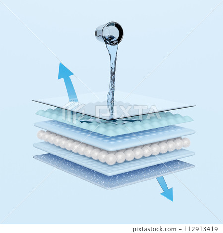 3d pour water from a drinking glass onto the absorbent pad and ventilate shows with synthetic fiber hair, water droplets for diapers, sanitary napkin, baby diaper adult concept, 3d render illustration 112913419
