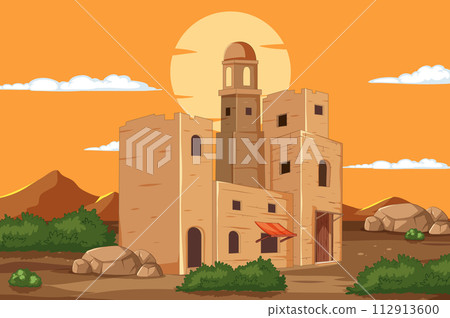 Desert Fortress at Sunset Illustration 112913600