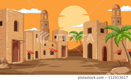 Desert Town at Sunset Illustration 112913617