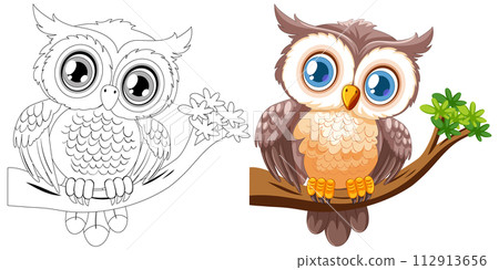 Cute Owl Perched on Branch Illustration 112913656
