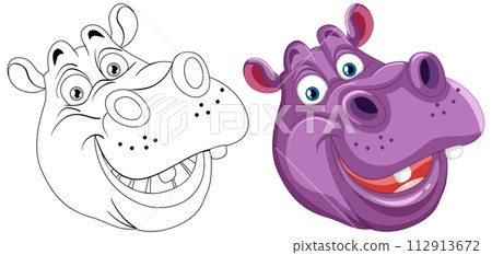 Happy Hippo Cartoon Before and After Coloring 112913672