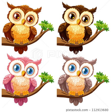Colorful Cartoon Owls on Branches 112913680