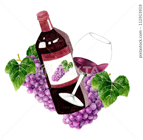 Red wine bottle and wine glass hand-drawn watercolor illustration material of drinks (alcohol) 112913919
