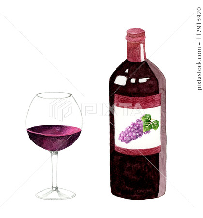 Red wine bottle and wine glass hand-drawn watercolor illustration material of drinks (alcohol) 112913920