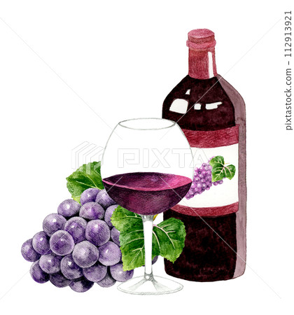 Red wine bottle and wine glass hand-drawn watercolor illustration material of drinks (alcohol) 112913921