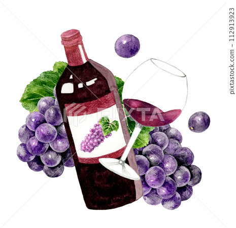 Red wine bottle and wine glass hand-drawn watercolor illustration material of drinks (alcohol) 112913923
