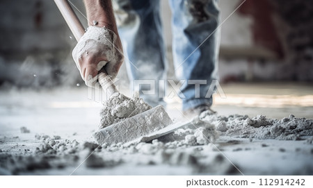 Workers scoop out cement shavings to throw away.AI Generated 112914242